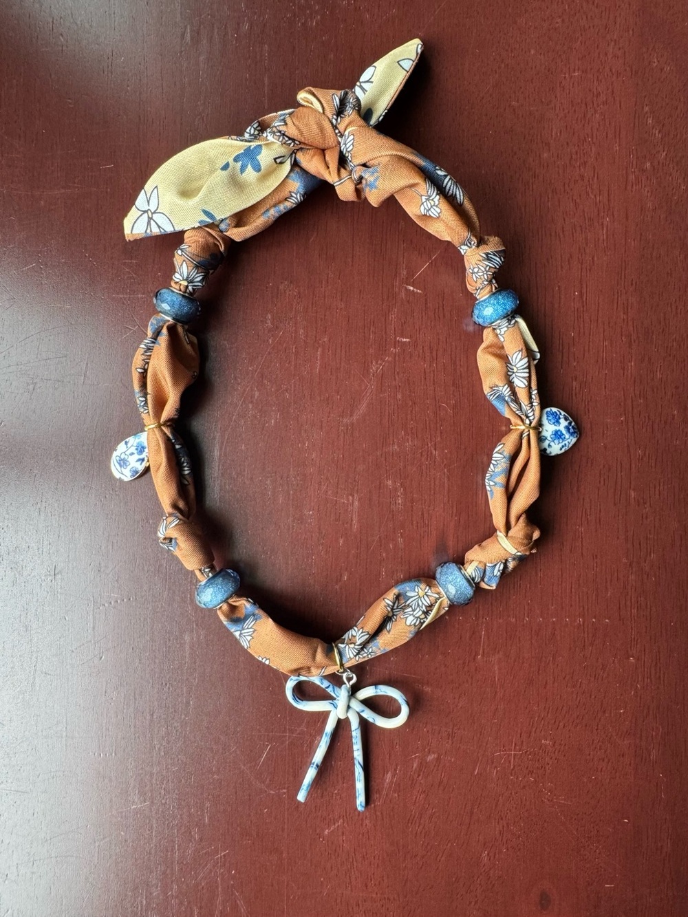Floral Bow Scarf Necklace with Bow Charm - Rust & Blue bandanna necklace Boho
